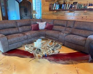 Suede, Reclining, Sectional Sofa, and Glass Top, Root Coffee Table 