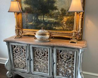 Entertainment Console with Mirrored Fretwork Doors, Hooker Furniture and Antique Oil Painting