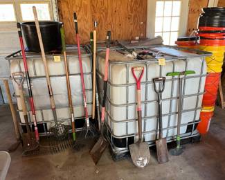 Water collection tanks and yard tools