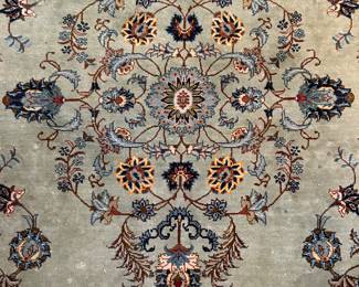 Handmade Rug measures 11.3 x 77. Pet free/smoke free home.  Fringe on edges have been taped down and/or missing. A few spots to be cleaned, as photographed. --- $380