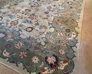 Handmade Rug measures 11.3 x 77. Pet free/smoke free home.  Fringe on edges have been taped down and/or missing. A few spots to be cleaned, as photographed. --- $380