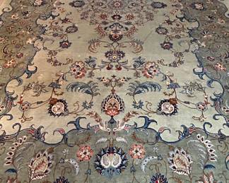 Handmade Rug measures 11.3 x 77. Pet free/smoke free home.  Fringe on edges have been taped down and/or missing. A few spots to be cleaned, as photographed. --- $380