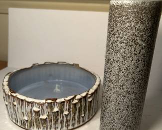 Pair of Pottery, Small chip (shown and hard to find) on bowl.  Bowl measures 7 x 2.25h.  Vase is Pigeon Forge Pottery and measures 8 x 2.25.   —- $30