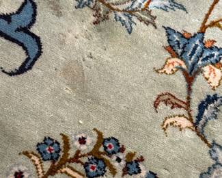 Handmade Rug measures 11.3 x 77. Pet free/smoke free home.  Fringe on edges have been taped down and/or missing. A few spots to be cleaned, as photographed. --- $380