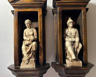 Pair wall figurines heavy, possible chalkware or resin. Measurements to be provided.  Roughly 14 high. -- $50