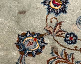 Handmade Rug measures 11.3 x 77. Pet free/smoke free home.  Fringe on edges have been taped down and/or missing. A few spots to be cleaned, as photographed. --- $380