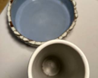 Pair of Pottery, Small chip (shown and hard to find) on bowl.  Bowl measures 7 x 2.25h.  Vase is Pigeon Forge Pottery and measures 8 x 2.25.   —- $30