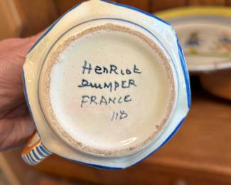 Henriot Quimper France Pottery Serving (12”), 2 plates (10”), salt & pepper, teapot (no lid), cream (no lid), sugar, and extra creamer.  —— $140