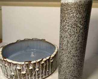 Pair of Pottery, Small chip (shown and hard to find) on bowl.  Bowl measures 7 x 2.25h.  Vase is Pigeon Forge Pottery and measures 8 x 2.25.   —- $30