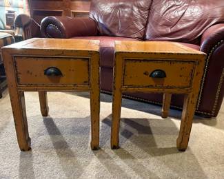 Pair of Chinese side tables, mustard colored. Each measures 15.25w 15.25d 20h. --- $100