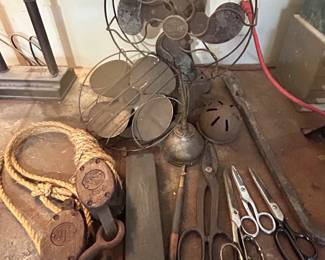 Lot - Miscellaneous Grouping of Metal/Iron Garage Pieces. Fans are in non-working condition, larger has no wiring, smaller is just the fan top for parts maybe or as a decor piece. --- $40