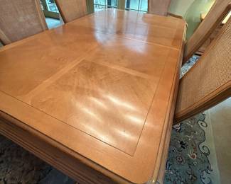Bernhardt Dining Table & 8 Cane back Chairs, 6 side chairs and 2 end/captain chairs.. Table measures 108L 42W 28.5H. (72L, plus 2 18” leaves to 108L). Excellent condition. --- $450