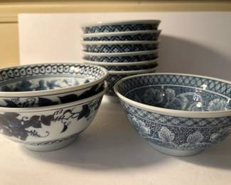 Lot of 9 Blue/White bowls.  Measure 6w x 3d — $20