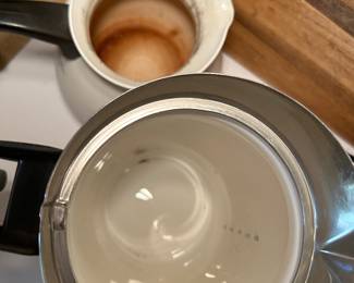 5 Pc Lot - Corning Blue Cornflower.  6 cup tea (see photo for inner wear), 8 cup coffee w/all inner parts, 2 qt bread, 1.5 quart covered and 2 or 3 (?) quart covered.  All in excellent condition with the exception of teapot inner as shown.  —- $75