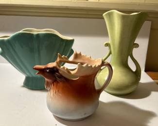 Lot of 3 vintage pieces, left vase Bauer USA, center moose creamer pitcher Austria, right vase Red Wing. --- $100