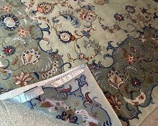 Handmade Rug measures 11.3 x 77. Pet free/smoke free home.  Fringe on edges have been taped down and/or missing. A few spots to be cleaned, as photographed. --- $380