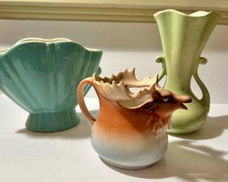 Lot of 3 vintage pieces, left vase Bauer USA, center moose creamer pitcher Austria, right vase Red Wing. --- $100