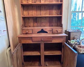 Solid Wood Cabinet, comes in 2 pieces. Measures 39.5 x 15 x 71.  Look at how thick those doors are!  It’s a beauty!  —- $200