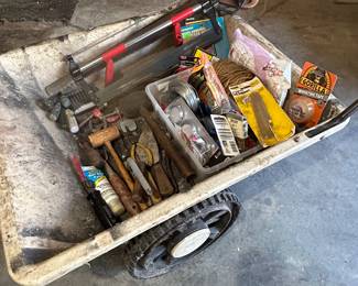 Lot of Garage Items including plastic push cart and tools.  --- $15