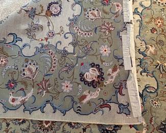 Handmade Rug measures 11.3 x 77. Pet free/smoke free home.  Fringe on edges have been taped down and/or missing. A few spots to be cleaned, as photographed. --- $380