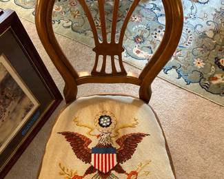 Vintage chair with needlepoint. Note chair is not sturdy and needs to be tightened up. --- $20