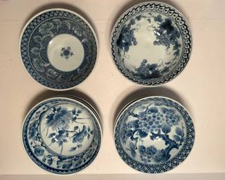 Lot of 9 Blue/White bowls.  Measure 6w x 3d — $20