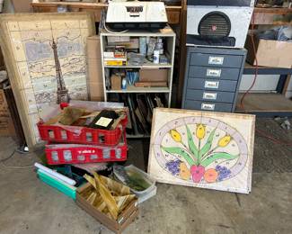 Large lot of Stained Glass Materials. Includes metal cabinet full of glass, boxes of glass, projector, templates, and may be more things added.  --- $150