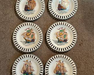 Set of 6 Wedgewood Etruria reticulated Viking Ship 9" plates.  No cracks or crazing. --- $90