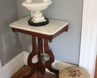 Victorian marble top side table ; alabaster bird bath