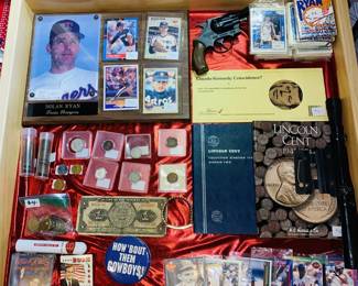 We have an exquisite collection of fine jewelry at our sale. Necklaces, earrings, rings, watches, bracelets, brooches, pins, pocketknives, trinket boxes, antique coins & paper money, vintage baseball cards. As well as a Daisy Scope, Vintage  & a signed autograph by Dallas Cowboy #56 Eugene Lockhart. Vintage Daisy BB Air Rifle, Vintage Italian Super 777 Starter Pistol,&nbsp;(These items must be viewed with the assistance of a Staff Member. No Exceptions, thank you.)