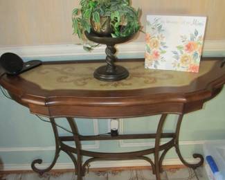 Lovely hall wood top table with metal legs. *phone charger not available.