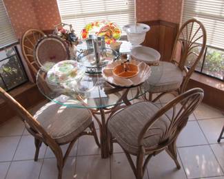 Vintage glass-top rattan/wicker table & 4 chairs