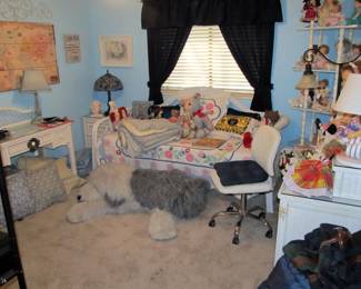 Great vintage wicker/rattan furniture collection. Nice collection of vintage dolls and plush animals including a HUGE sheep dog.