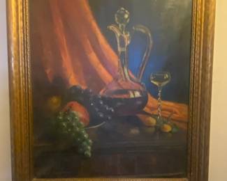 Cora Cutter Wellman: “Wine Decanter And Fruit”         Cora was Born 1880 and died in 1982.        This painting is likely to be approx 100 years old 