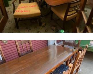 Here are two dining set of complete different cultures the top is a cherry wood table with numerous leaves over 10’ long and beautiful reupholstered chairs.                            Very refined !                                                                                                     The bottom pic is a 1930-‘s farm table with 6 oak chairs, pads were added