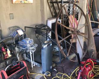 Old Spinning Wheel, Iron Bed, Cool Stuff outside