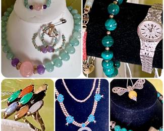 Jade, Amethyst and Rose Quartz with 14k Gold necklace, bracelet and clip on earrings, Vintage Ladies Seiko watch, Malachite and 14k Gold bracelet, Vintage Colors of Jade and 14k Gold ring, Silver and Turquoise Squash Blossom Necklace, 14k Three Colors of Gold necklace 