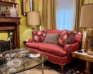 Mid Century Hand Knotted Morrocan Shag Rug, silk upholstered, loveseat and stunning cocktail table with brass base and glass top