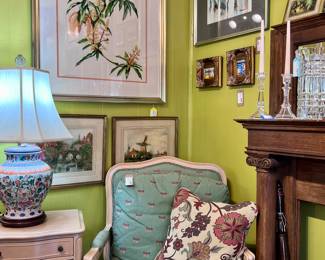Original Lee Adams Water Color,  Custom Upholstered Bergers chair,  Pair of Vintage Lithographs, Drexel Side Table