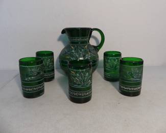 Vintage Mexican Hand Blown Emerald Green Pitcher with 5 Tumblers - Hand Painted Hummingbird Design