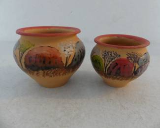 Pair of Hand Thrown Clay Pots with Primitive Design