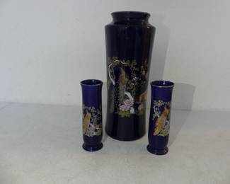 Vintage Made in Japan Cobalt Blue Porcelain Pair of Footed Bud Vases & Flared Vase - Peacock Motif