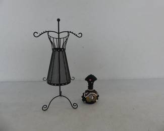 Unusual Vanity Pieces - Black Metal Dress Form Jewelry Stand and Signed/Decorated Perfume Bottle