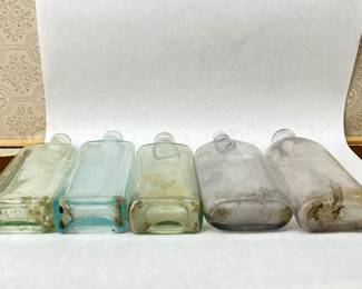 (5) Medicine Bottles, Aqua, Green, Smokey tones