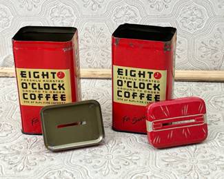 (2) Eight O' Clock Coffee Tin Coin Banks