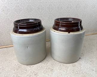 (2) Stoneware Crocks Drilled Planter Holes Bottom