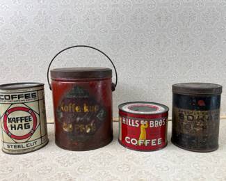 (4) Coffee Tins, Kaffee Hag, Hills Bros, Bokar Koffee, 