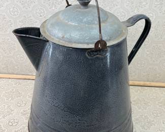 Wood Handle Grey Enamelware Cowboy Coffee Pot