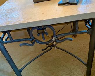 matching travertine stone and metal end table 