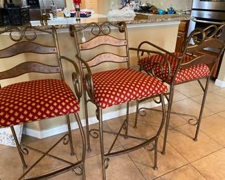 three barstools,  metal frame scroll look 